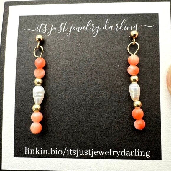 Womens Earrings 14K Yellow Gold Angel Skin Coral Pearl Chandelier Pierced - Picture 1 of 4